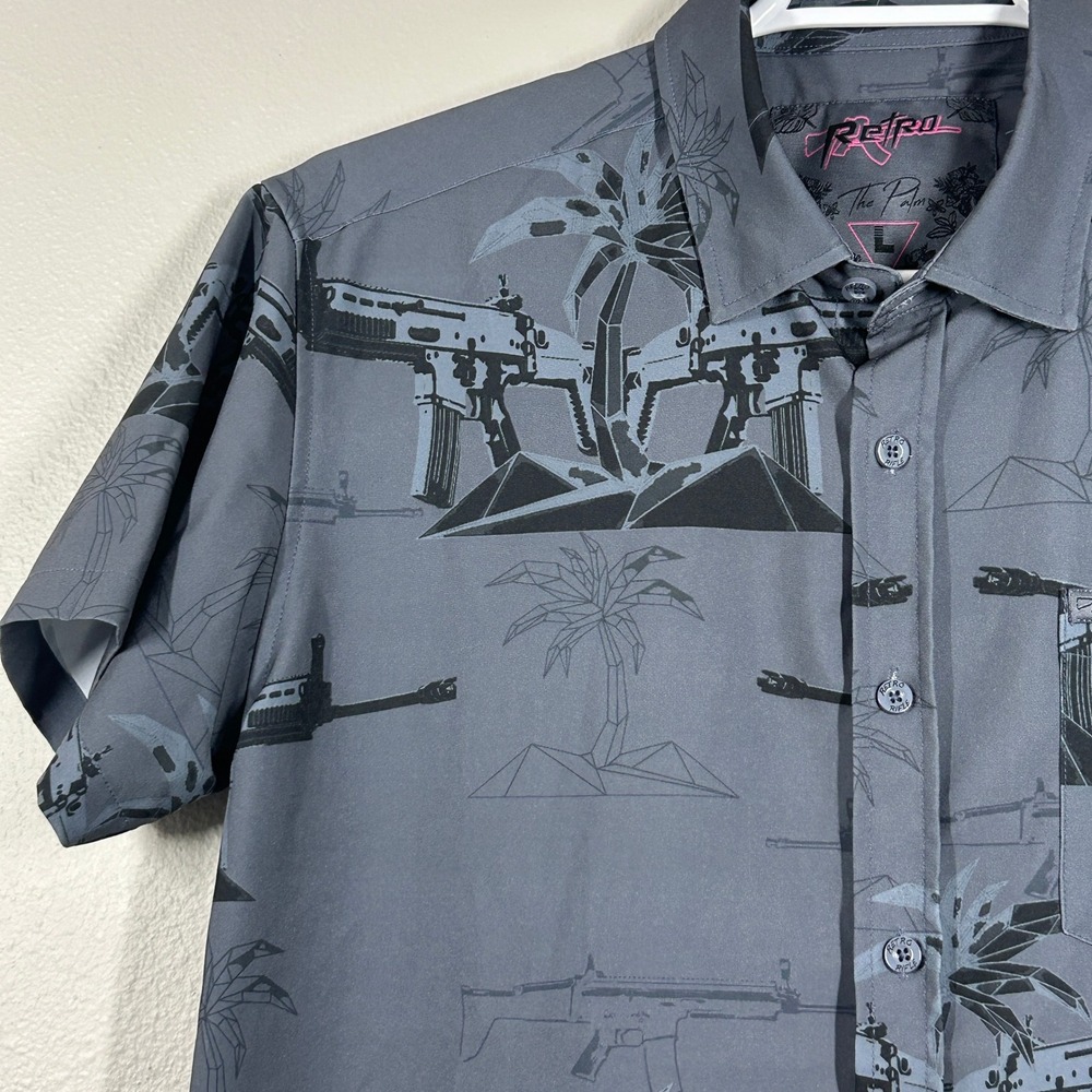 Retro Rifle The Palm Grey Tactical Rifle Palm Tree Button Down Shirt Mens Large